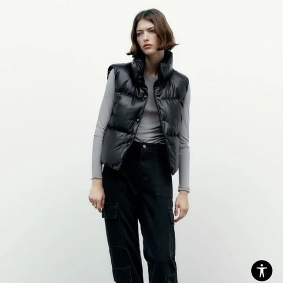 Zara Black Faux Leather Puffer Vest - Picture 1 of 9